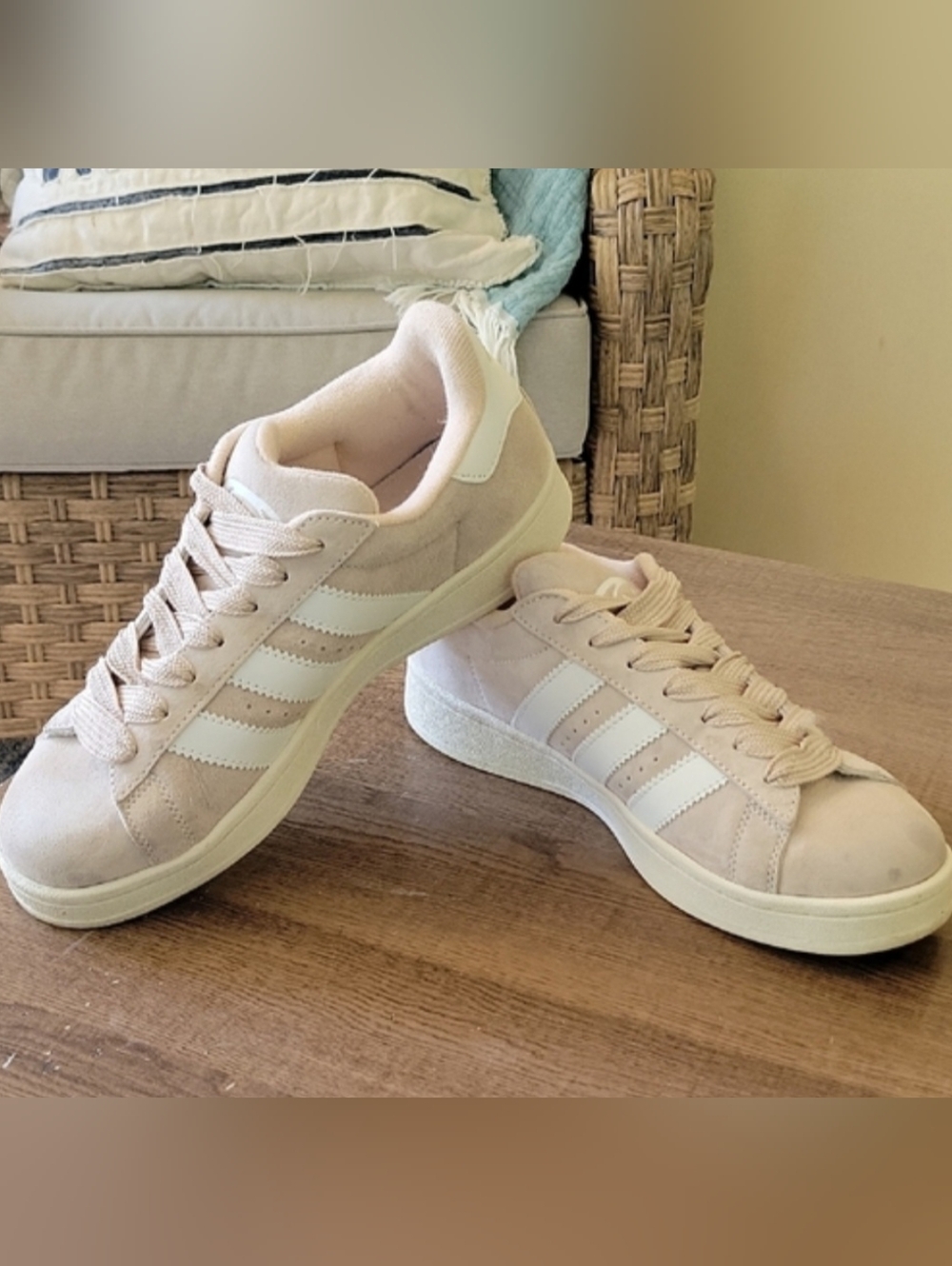 adidas Campus Sneakers  Womens 10, Mens 8.5,  Beige, White Stripes, Y2k Inspired